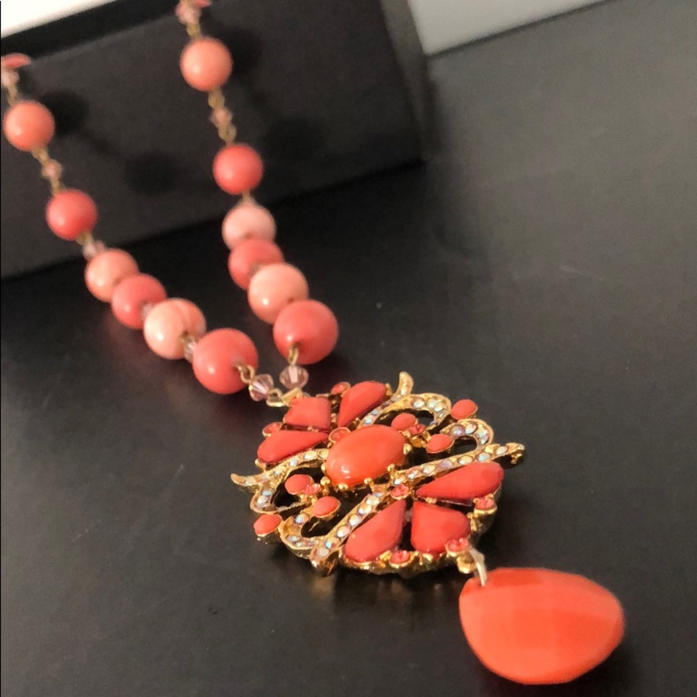 VINTAGE CORAL FAUX MARBLE,CRYSTAL BEADED MEDALLION